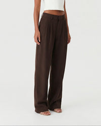 Women's Brown Wide-Leg Pleated Trousers with Belt Loops and Pockets - Maisie London