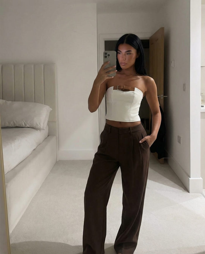 Women's Brown Wide-Leg Pleated Trousers with Belt Loops and Pockets - Maisie London