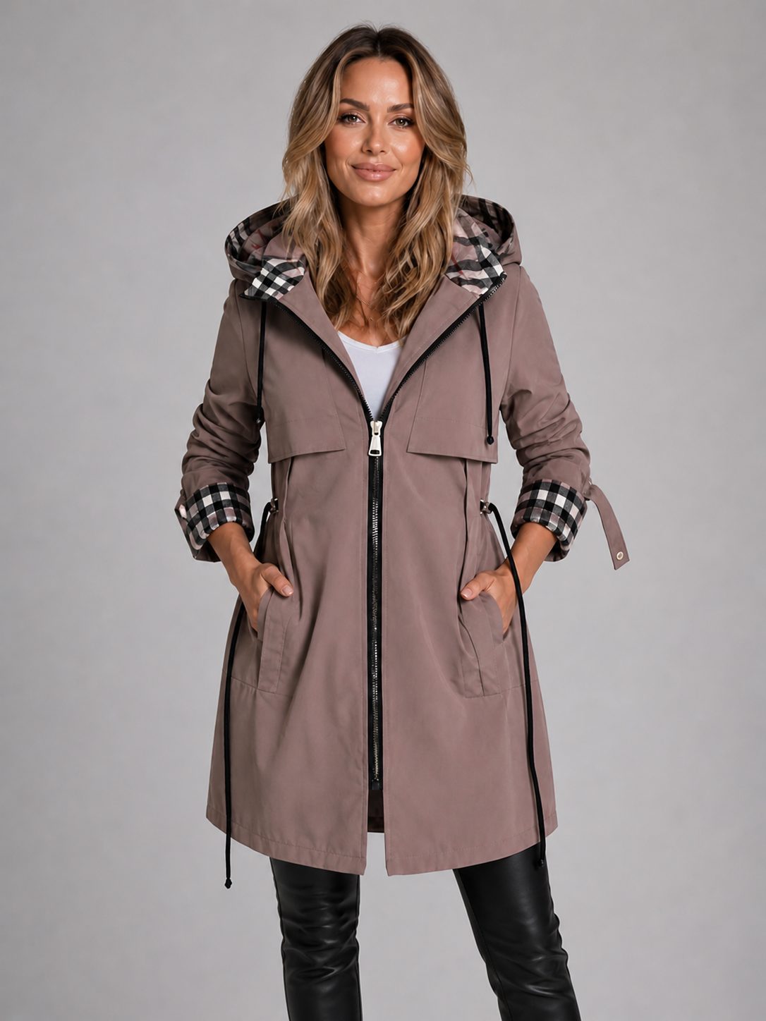 Women's Longline Hooded Parka Coat with Drawstring Waist and Zip - Maisie London