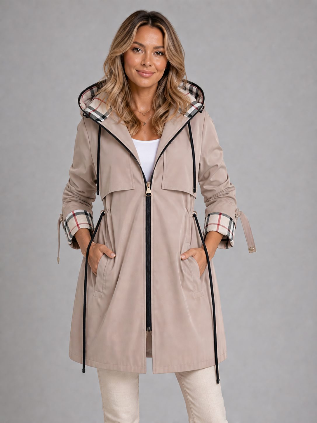 Women's Longline Hooded Parka Coat with Drawstring Waist and Zip - Maisie London