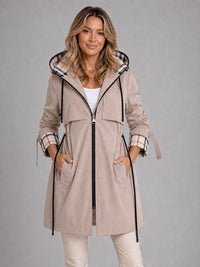 Women's Longline Hooded Parka Coat with Drawstring Waist and Zip - Maisie London