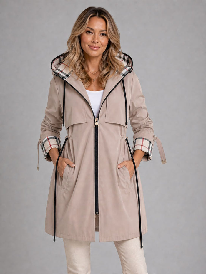 Women's Longline Hooded Parka Coat with Drawstring Waist and Zip - Maisie London