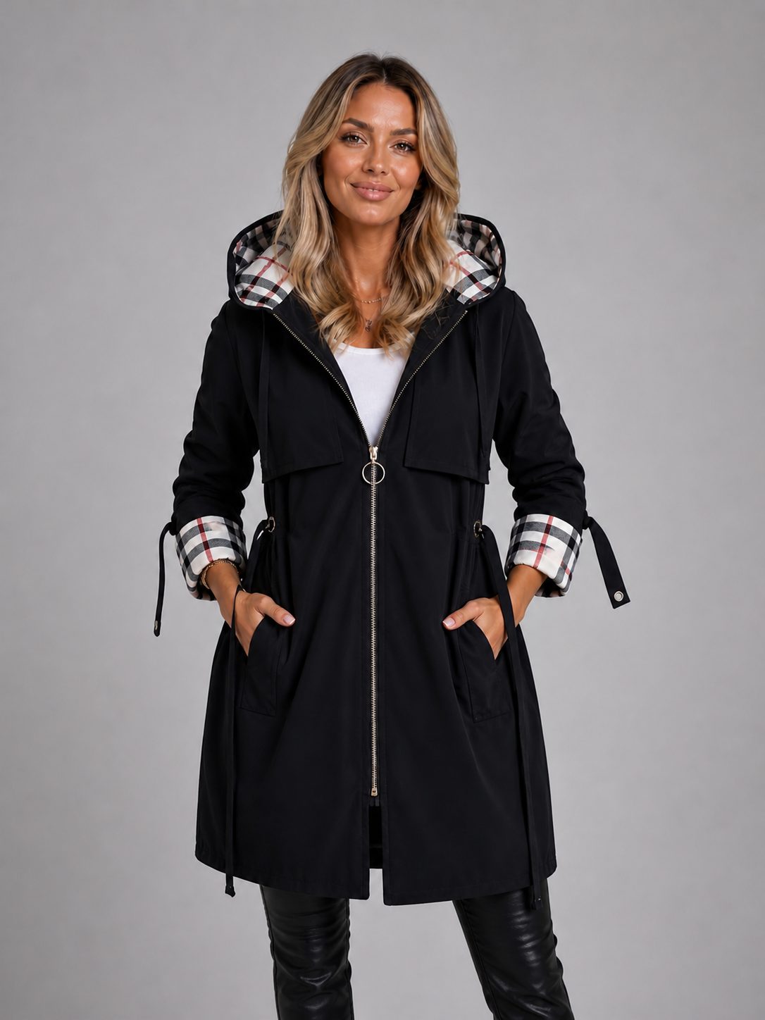 Women's Longline Hooded Parka Coat with Drawstring Waist and Zip - Maisie London