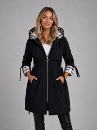 Women's Longline Hooded Parka Coat with Drawstring Waist and Zip - Maisie London