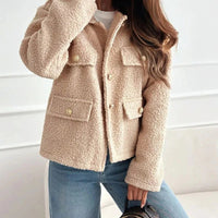Women's Borg Fleece Cropped Jacket with Flap Pockets and Collar - Maisie London