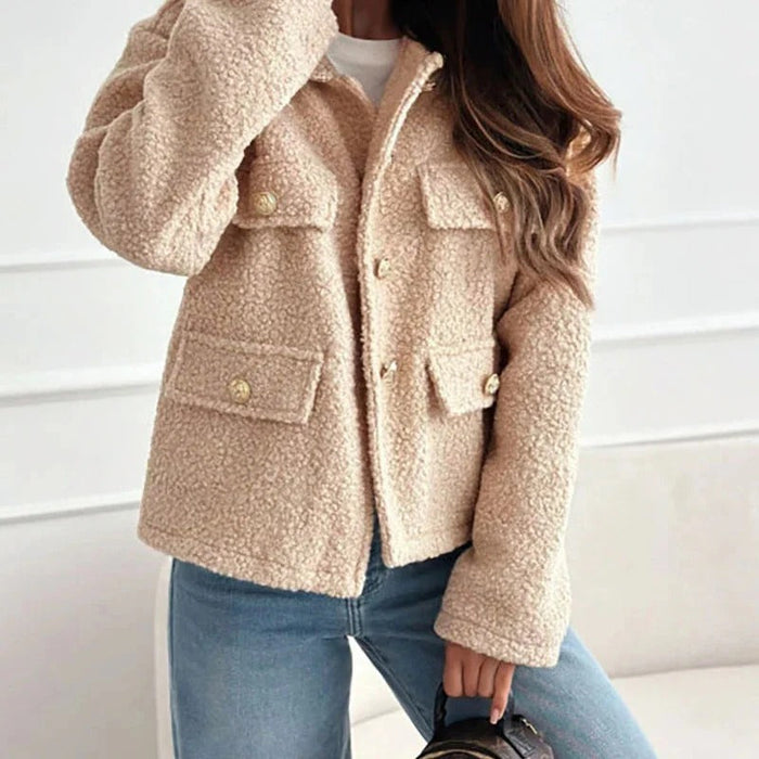 Women's Borg Fleece Cropped Jacket with Flap Pockets and Collar - Maisie London