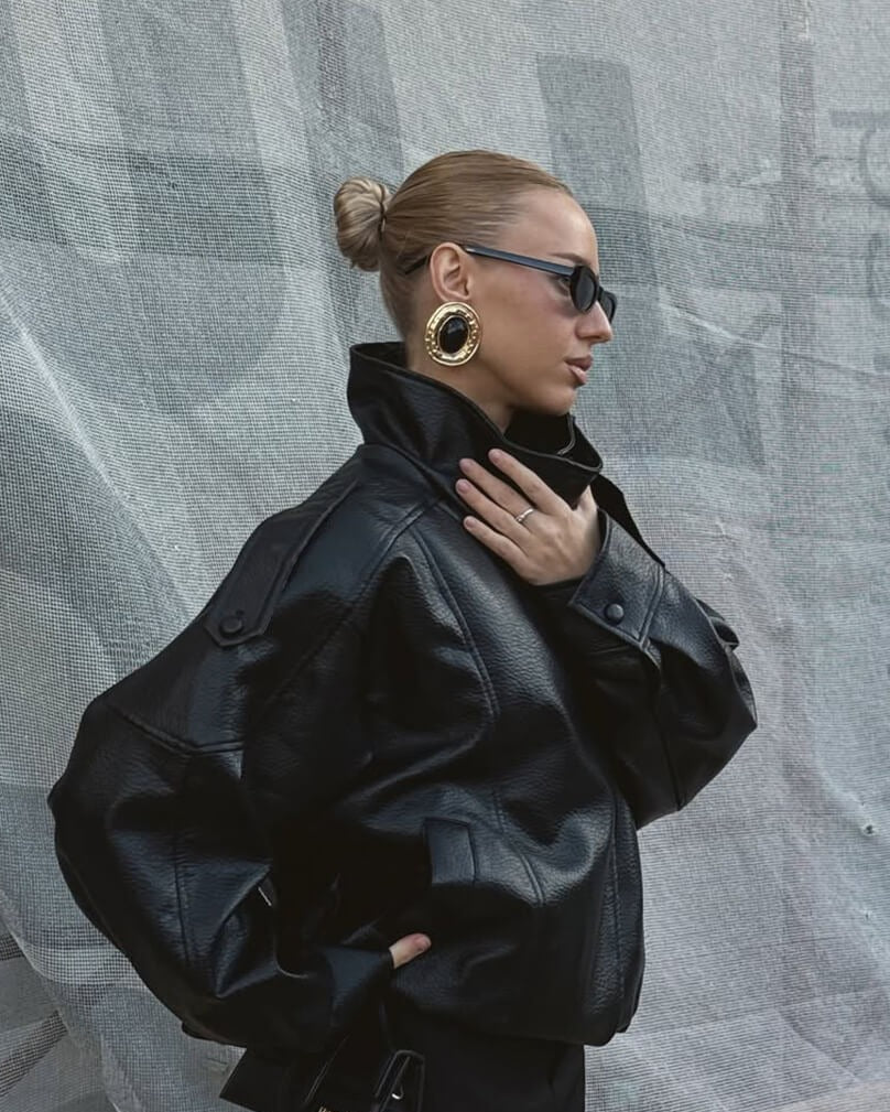 Women's Black Faux Leather Bomber Jacket with High Neck Collar - Maisie London