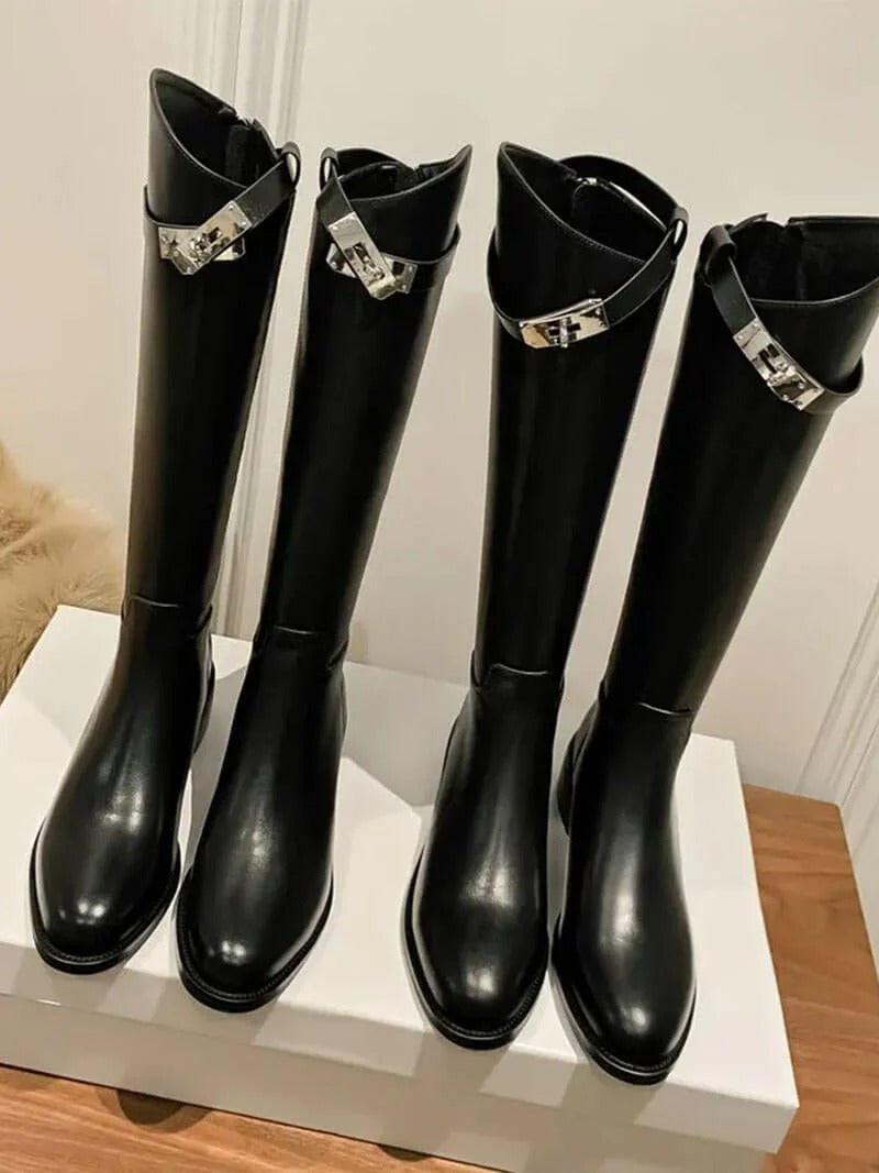 Women's Faux Leather Knee-High Boots with Strap and Block Heel - Maisie London