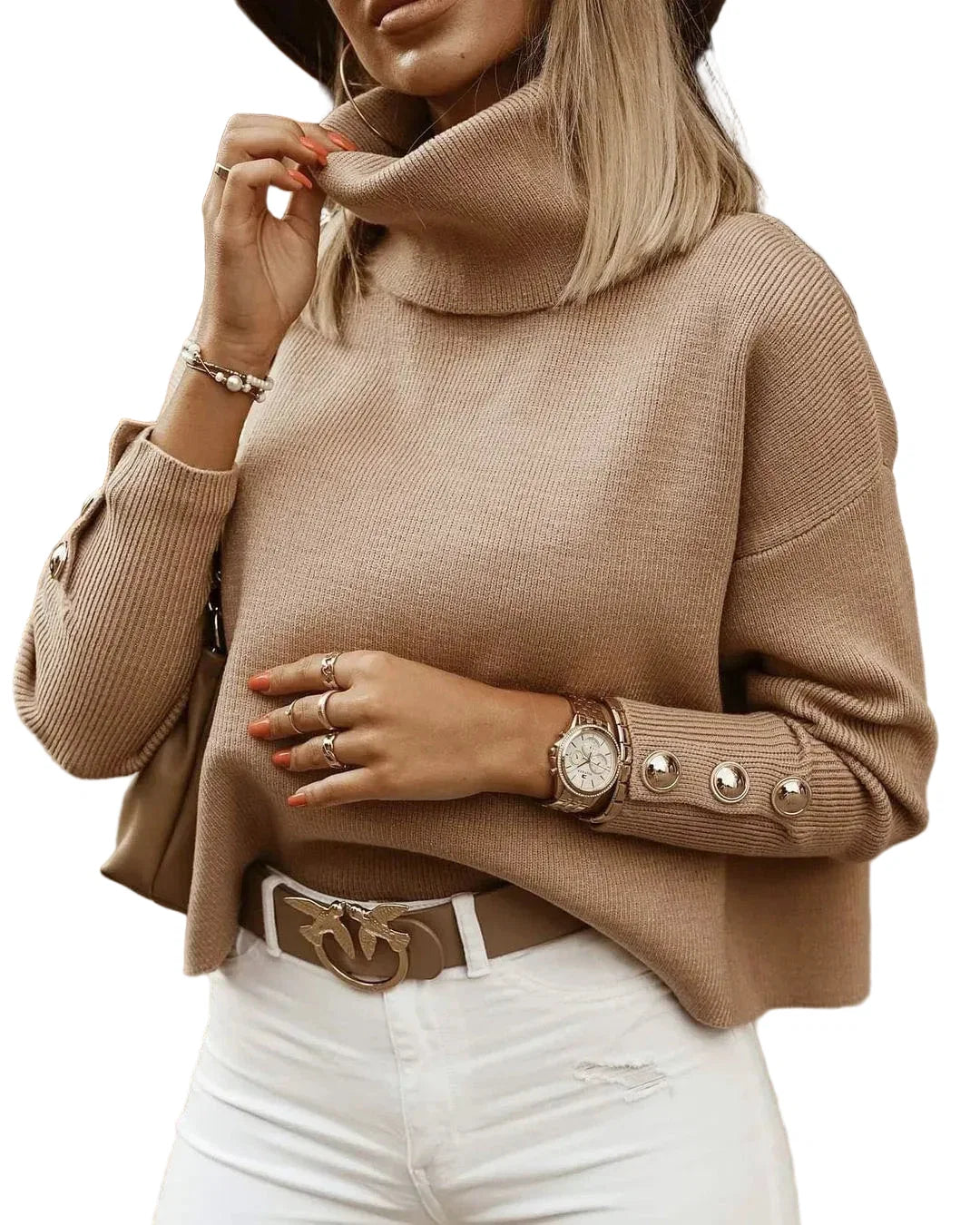 Women's Ribbed Knit Oversized Turtleneck Jumper with Button Cuffs - Maisie London