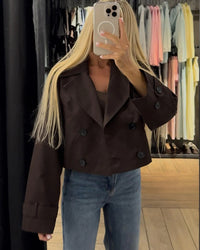Women's Cropped Double-Breasted Trench Jacket with Buckled Cuffs - Maisie London