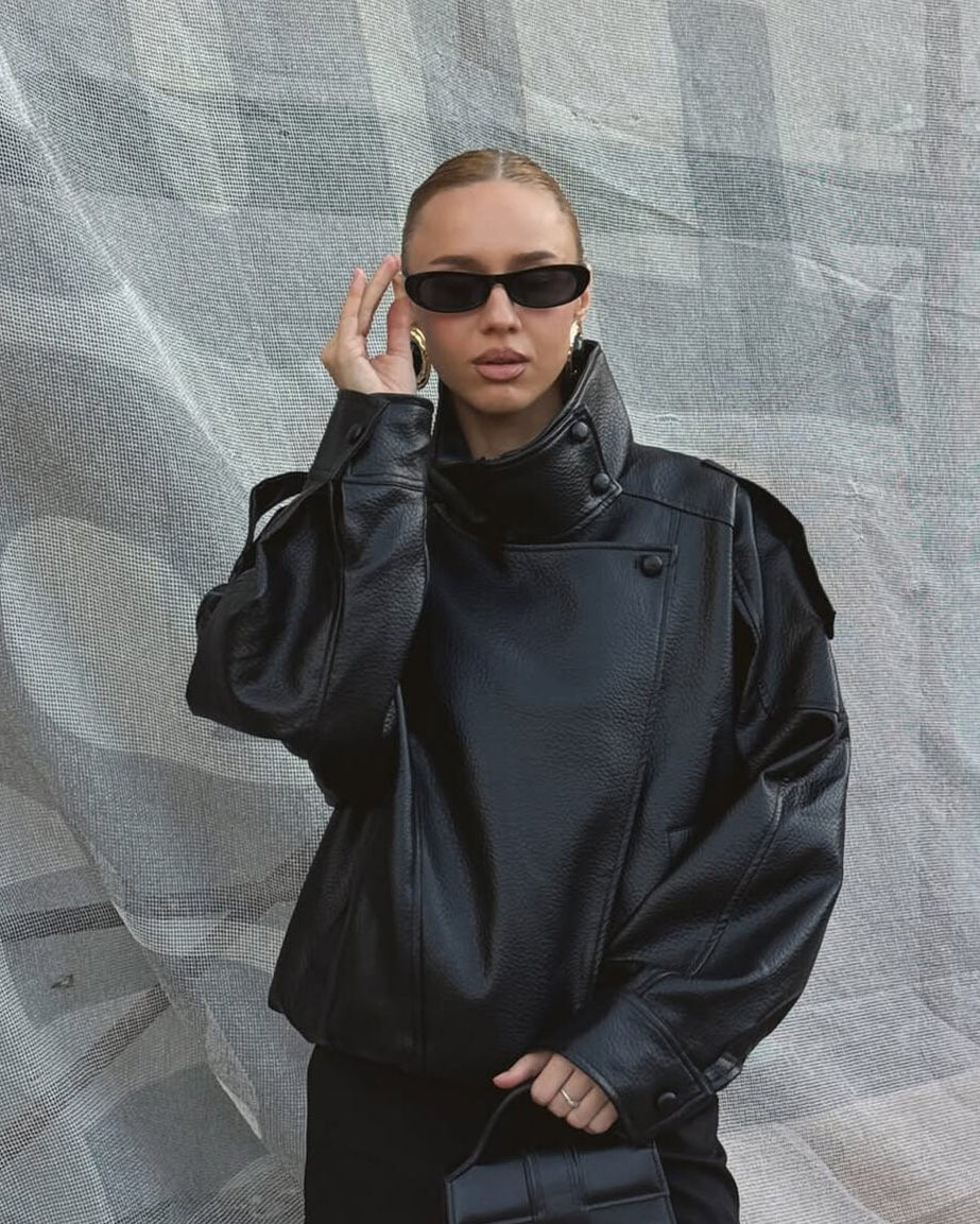 Women's Black Faux Leather Bomber Jacket with High Neck Collar - Maisie London