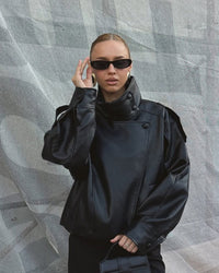 Women's Black Faux Leather Bomber Jacket with High Neck Collar - Maisie London