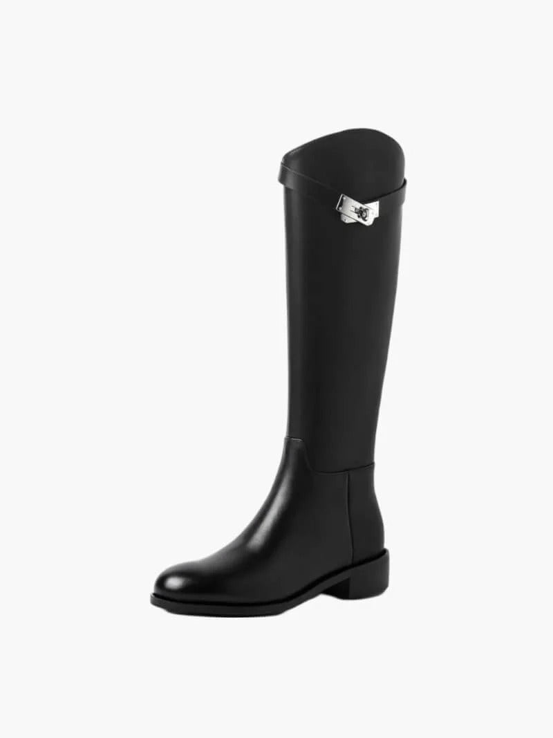 Women's Faux Leather Knee-High Boots with Strap and Block Heel - Maisie London