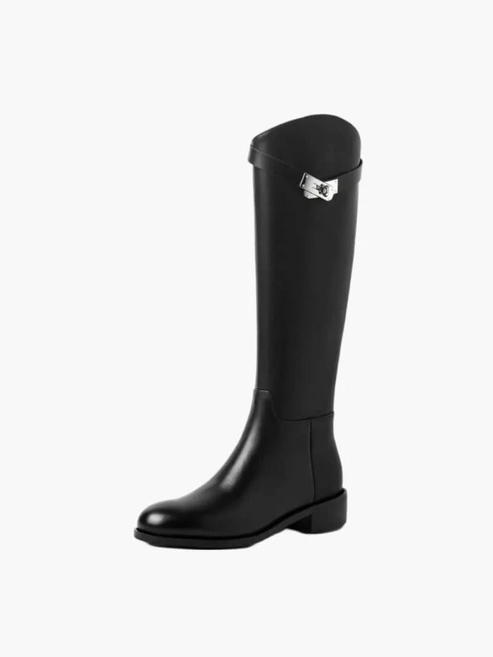 Women's Faux Leather Knee-High Boots with Strap and Block Heel - Maisie London