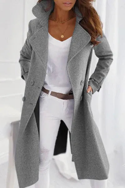 Women's Wool-Look Longline Double-Breasted Coat with Lapel Collar - Maisie London