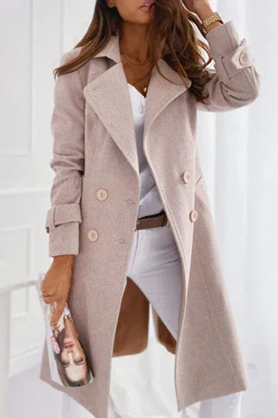 Women's Wool-Look Longline Double-Breasted Coat with Lapel Collar - Maisie London