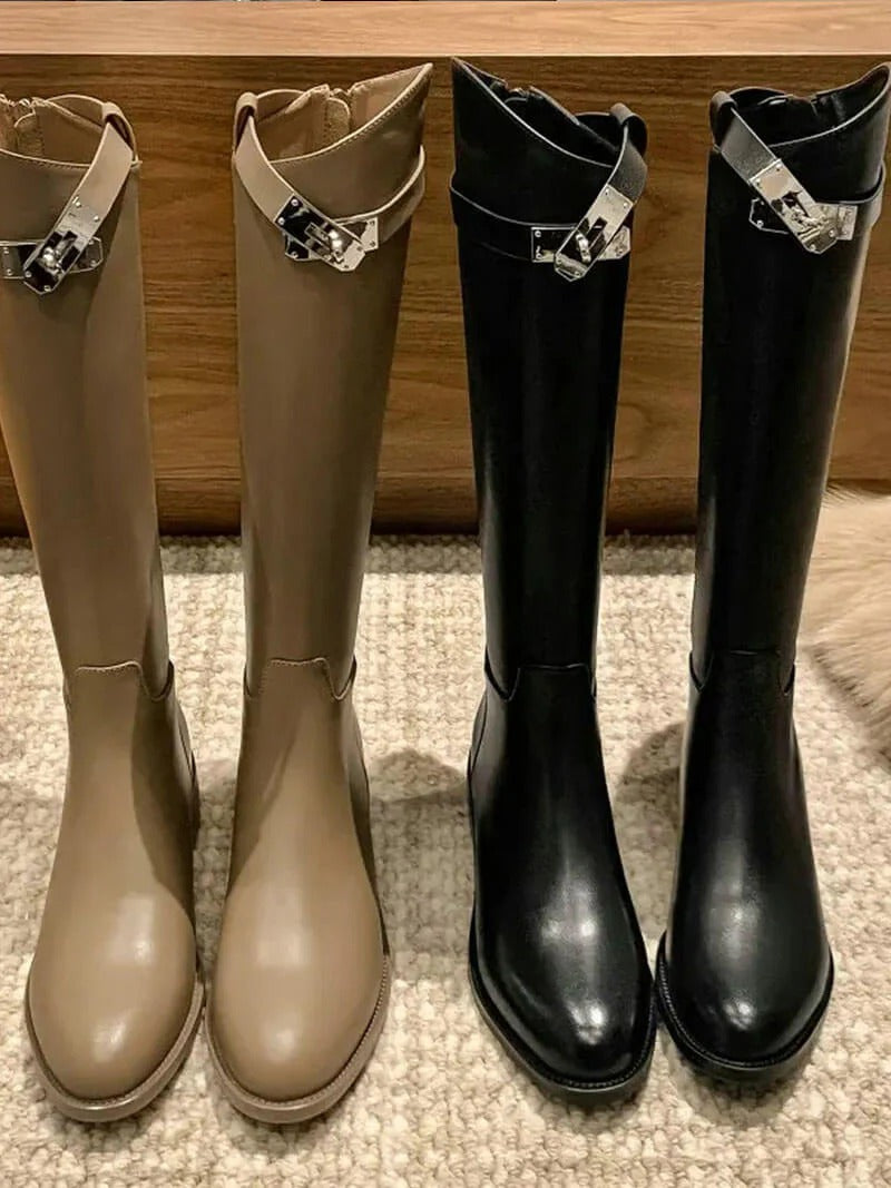 Women's Faux Leather Knee-High Boots with Strap and Block Heel - Maisie London