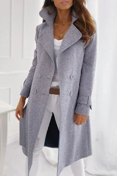 Women's Wool-Look Longline Double-Breasted Coat with Lapel Collar - Maisie London