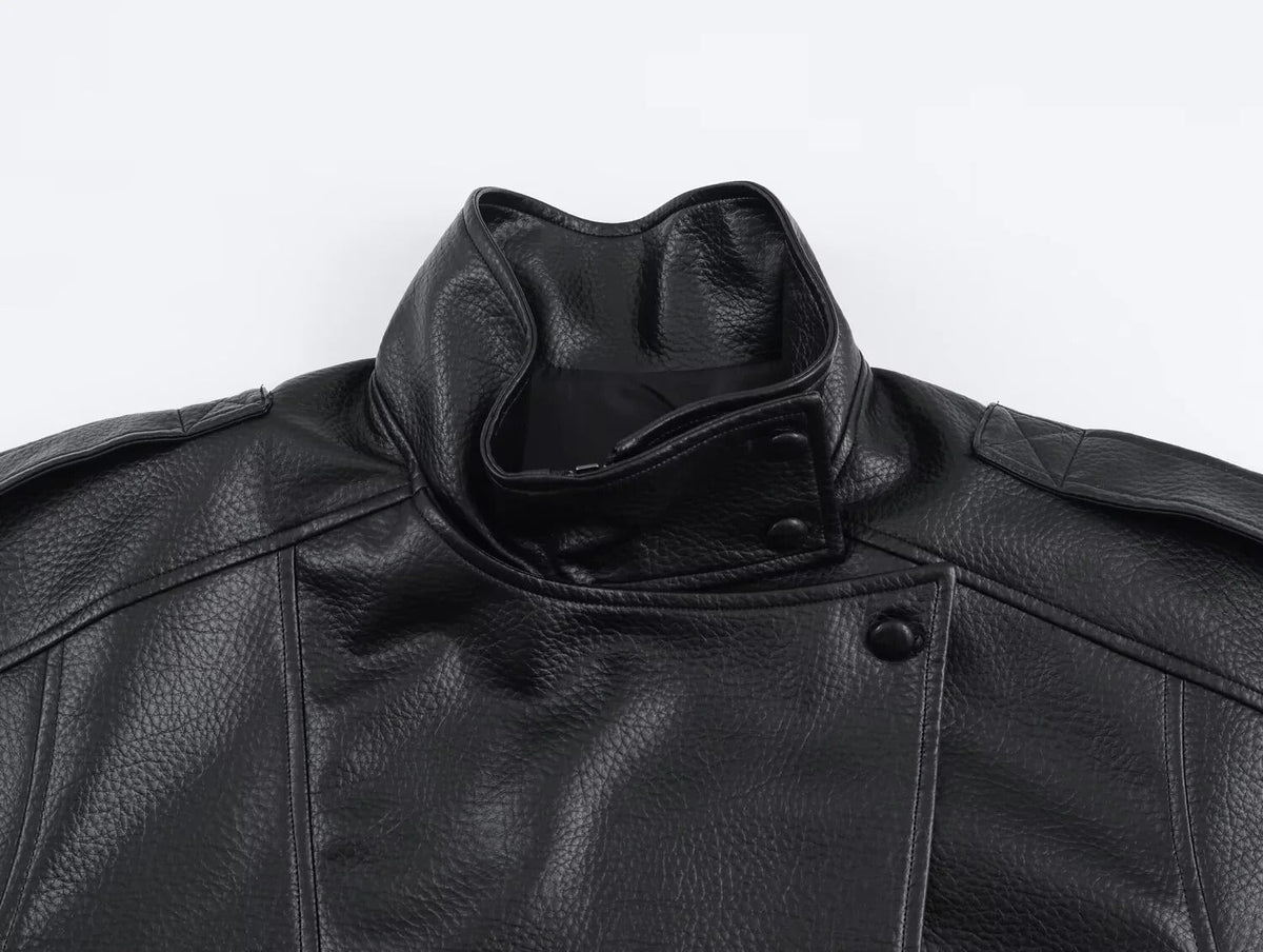 Women's Black Faux Leather Bomber Jacket with High Neck Collar - Maisie London