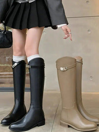 Women's Faux Leather Knee-High Boots with Strap and Block Heel - Maisie London