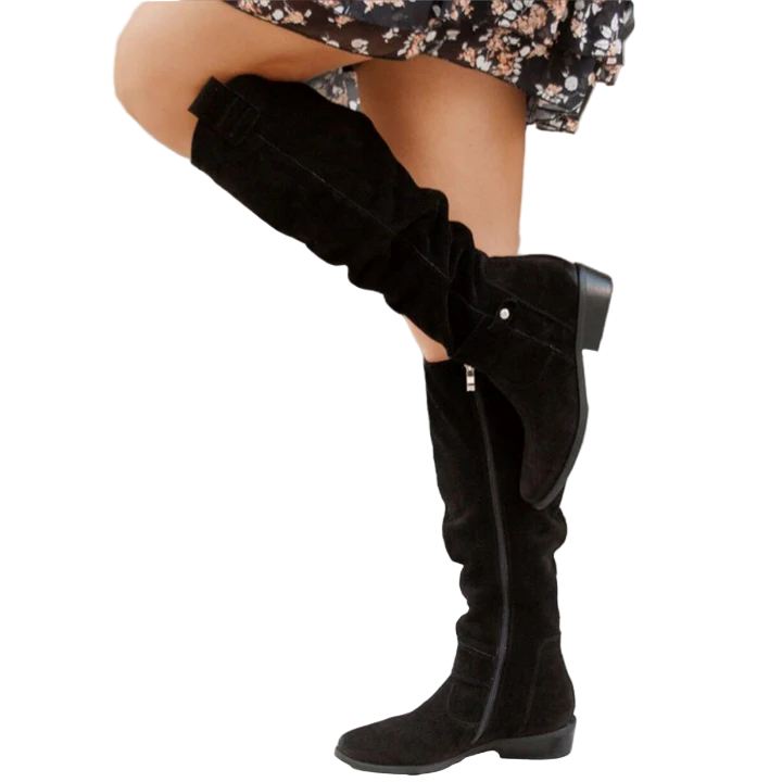 Women's Faux Suede Slouchy Knee-High Boots with Low Block Heel - Maisie London