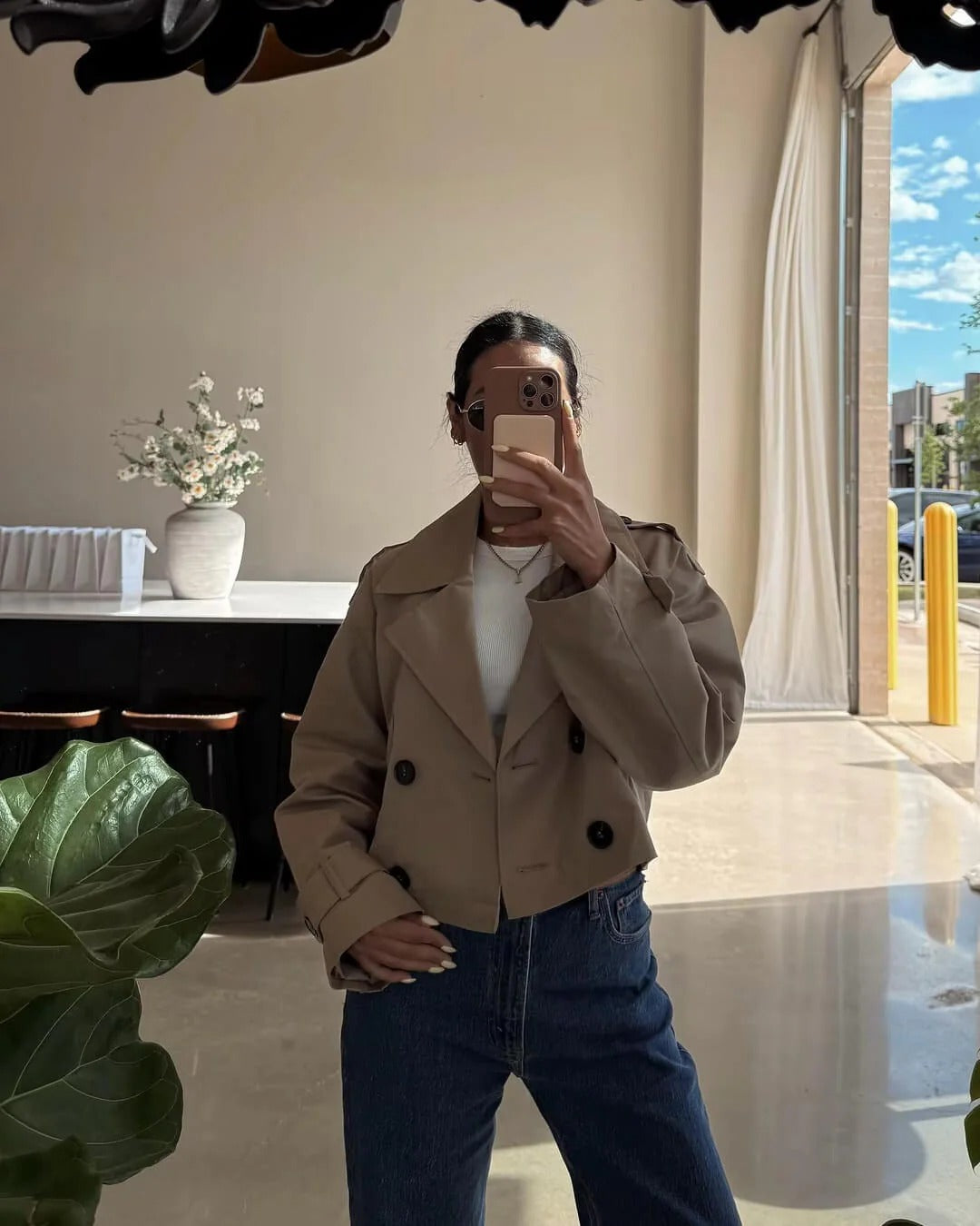 Women's Cropped Double-Breasted Trench Jacket with Buckled Cuffs - Maisie London