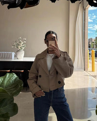 Women's Cropped Double-Breasted Trench Jacket with Buckled Cuffs - Maisie London