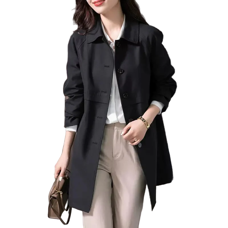 Women's Black Short Trench Coat with Button-Front and Point Collar - Maisie London