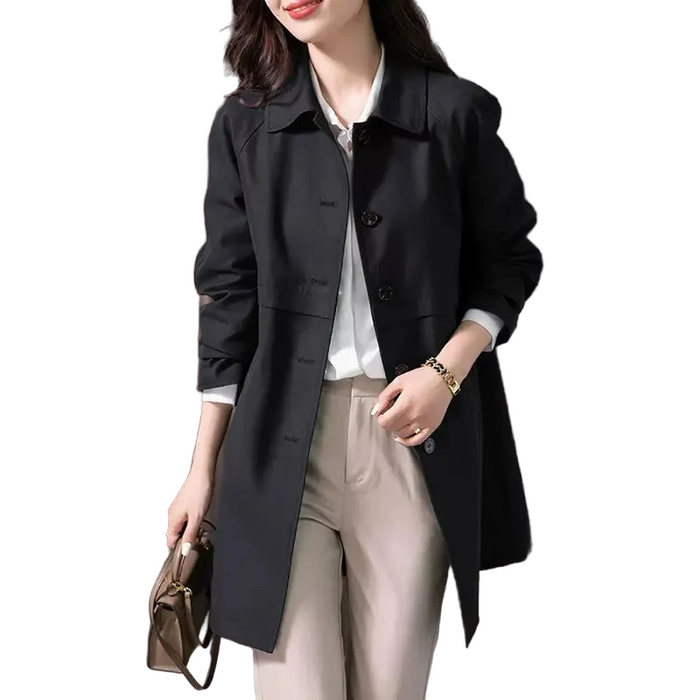 Women's Black Short Trench Coat with Button-Front and Point Collar - Maisie London