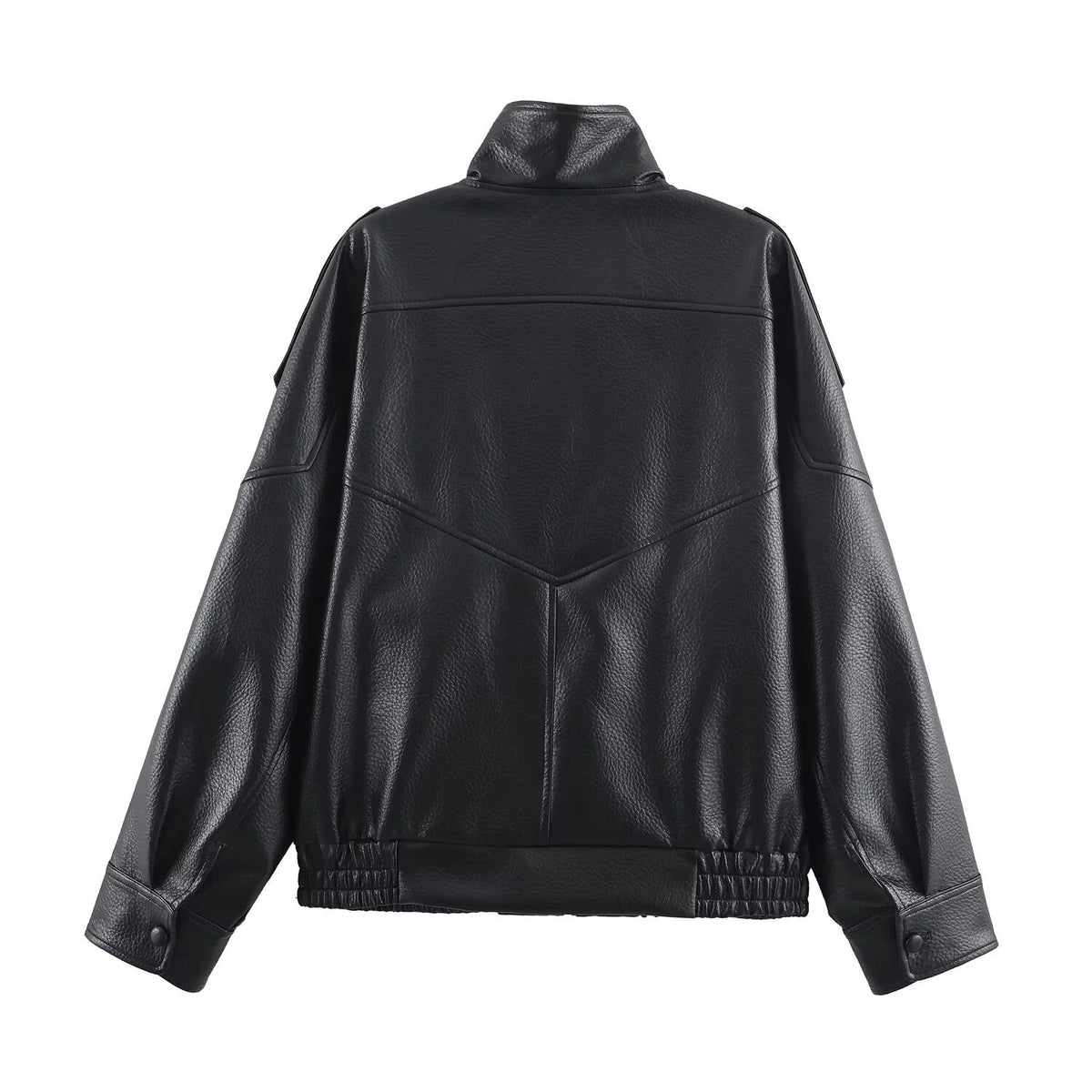 Women's Black Faux Leather Bomber Jacket with High Neck Collar - Maisie London