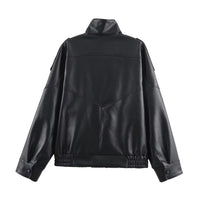 Women's Black Faux Leather Bomber Jacket with High Neck Collar - Maisie London