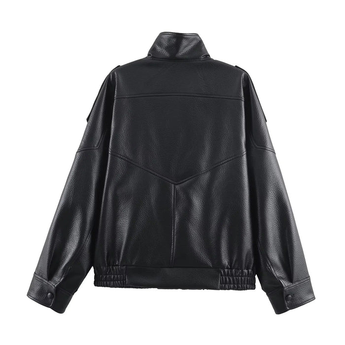 Women's Black Faux Leather Bomber Jacket with High Neck Collar - Maisie London