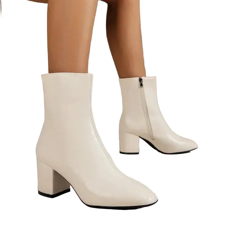 Women's Faux Leather Block Heel Ankle Boots with Square Toe and Zip - Maisie London