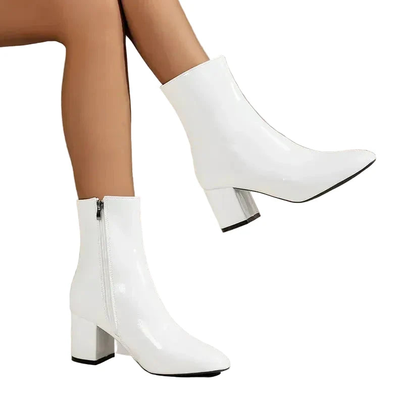 Women's Faux Leather Block Heel Ankle Boots with Square Toe and Zip - Maisie London