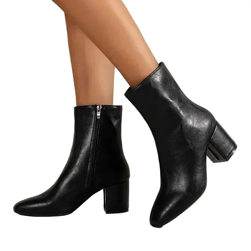 Women's Faux Leather Block Heel Ankle Boots with Square Toe and Zip - Maisie London