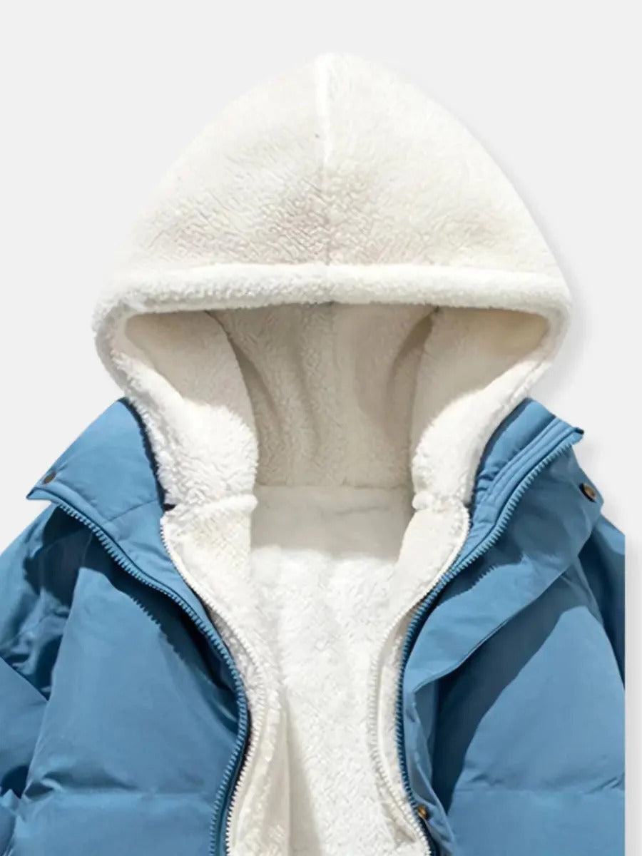 Women's Quilted Sherpa-Lined Hooded Puffer Jacket with Drawcord Hem - Maisie London