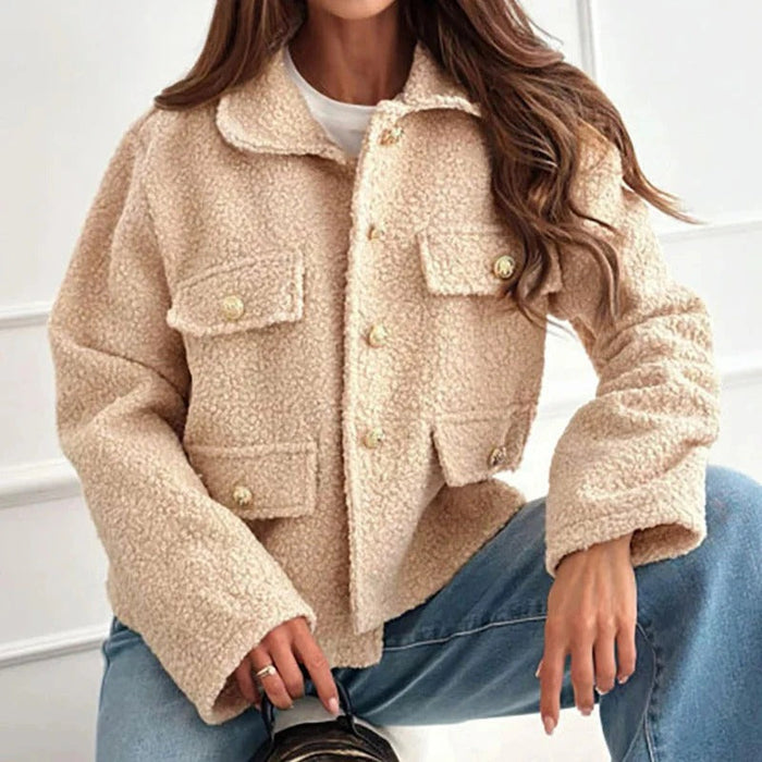 Women's Borg Fleece Cropped Jacket with Flap Pockets and Collar - Maisie London