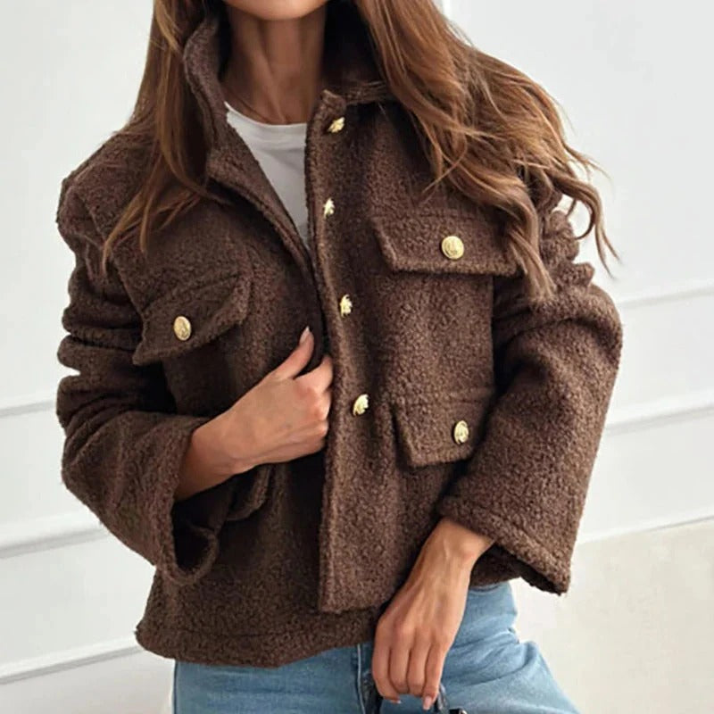 Women's Borg Fleece Cropped Jacket with Flap Pockets and Collar - Maisie London