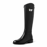 Women's Faux Leather Knee-High Boots with Strap and Block Heel - Maisie London