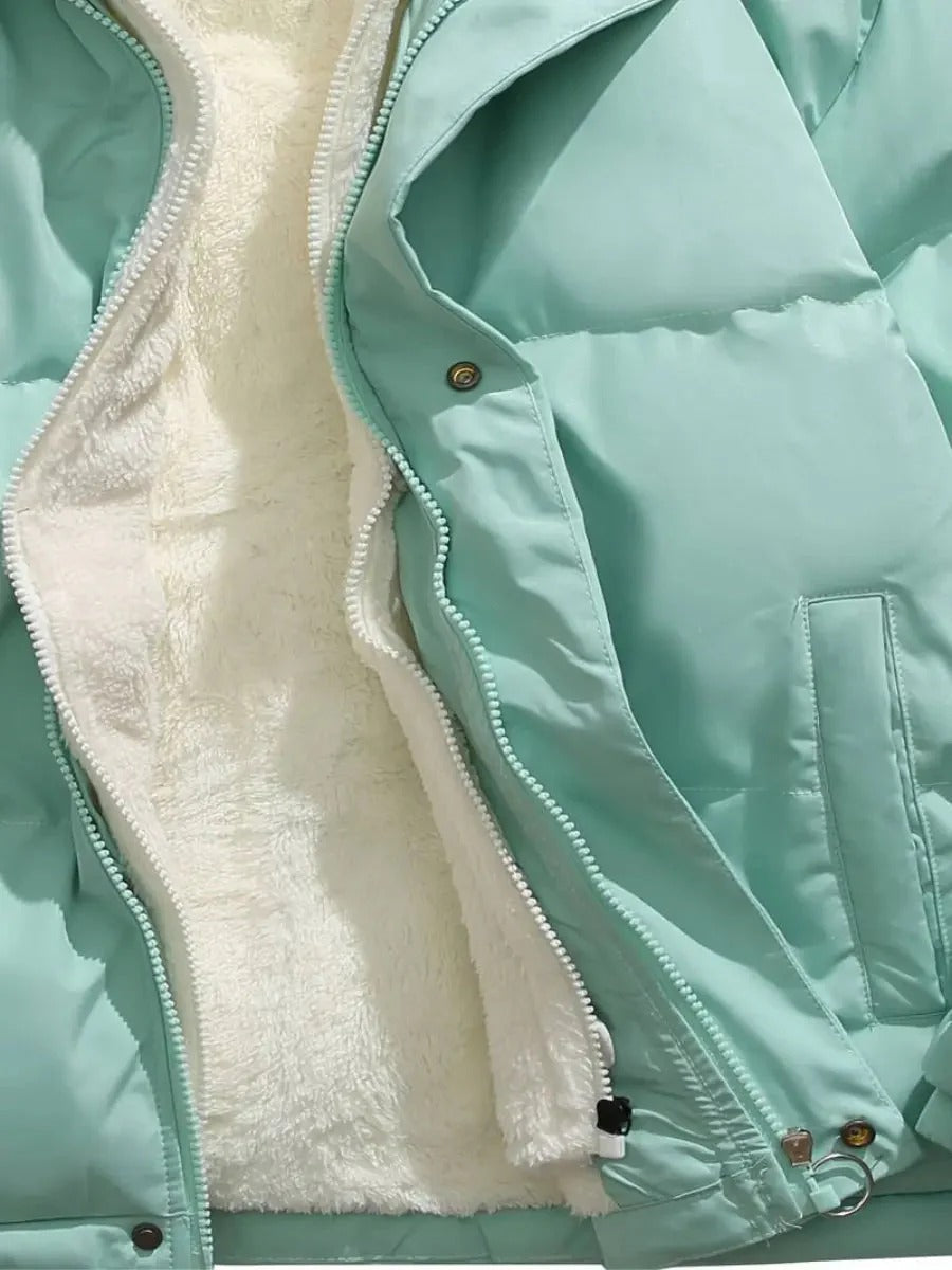 Women's Quilted Sherpa-Lined Hooded Puffer Jacket with Drawcord Hem - Maisie London