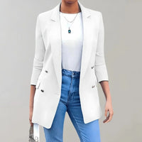 Women's Longline Double-Breasted Blazer with Lapels and Flap Pockets - Maisie London