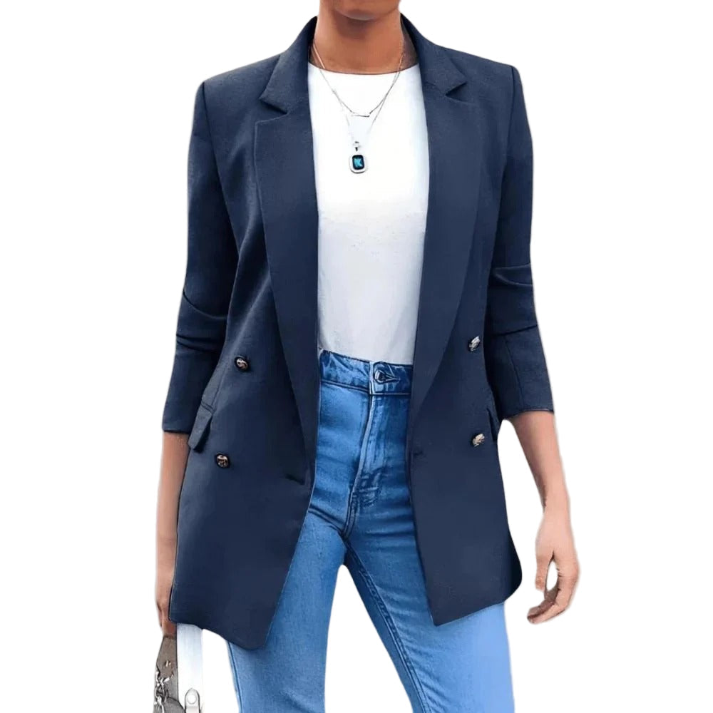 Women's Longline Double-Breasted Blazer with Lapels and Flap Pockets - Maisie London