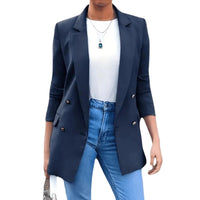 Women's Longline Double-Breasted Blazer with Lapels and Flap Pockets - Maisie London