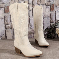 Women's Faux Suede Western Knee-High Boots with Embroidery and Zip - Maisie London