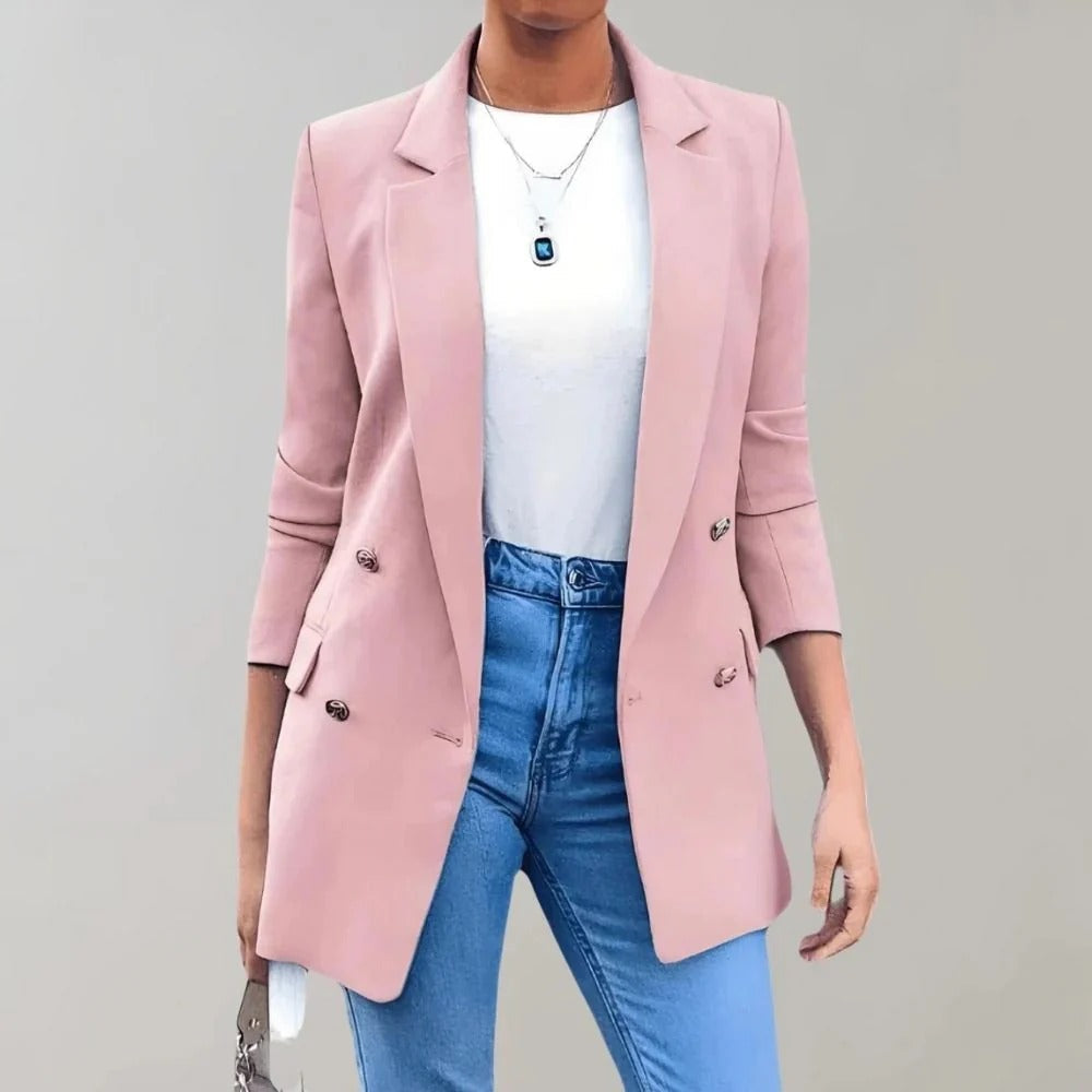 Women's Longline Double-Breasted Blazer with Lapels and Flap Pockets - Maisie London