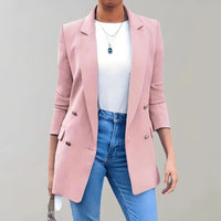 Women's Longline Double-Breasted Blazer with Lapels and Flap Pockets - Maisie London