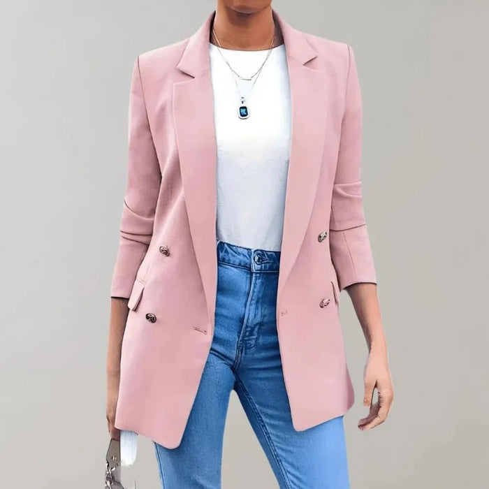 Women's Longline Double-Breasted Blazer with Lapels and Flap Pockets - Maisie London