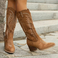 Women's Faux Suede Western Knee-High Boots with Embroidery and Zip - Maisie London