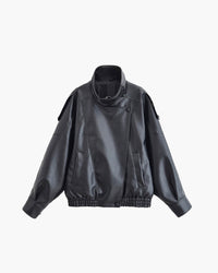 Women's Black Faux Leather Bomber Jacket with High Neck Collar - Maisie London