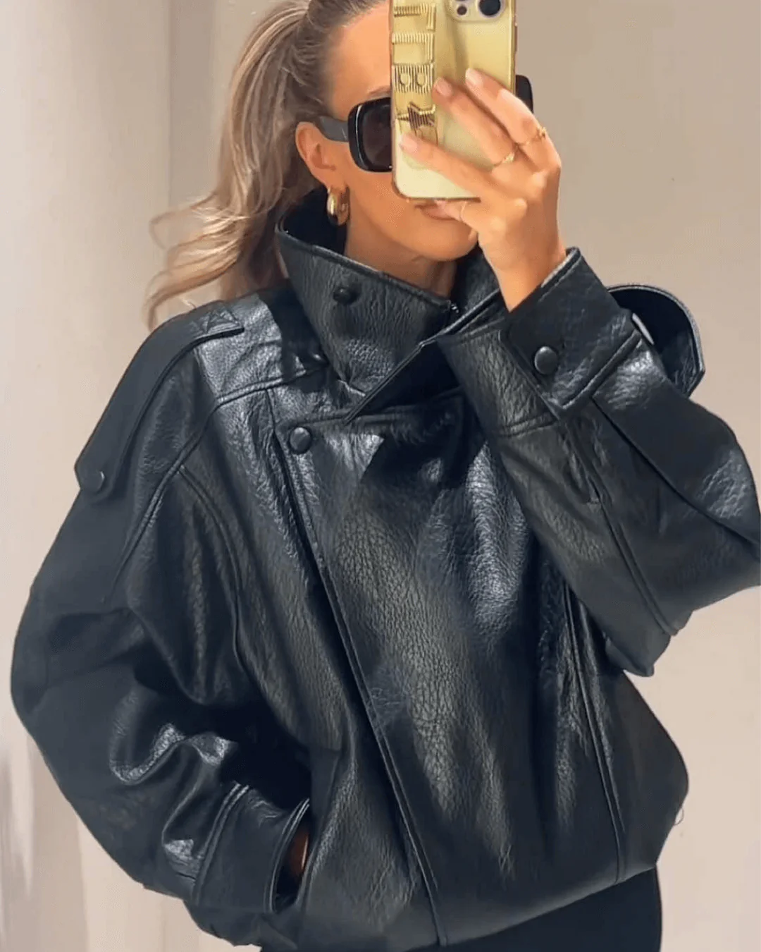 Women's Black Faux Leather Bomber Jacket with High Neck Collar - Maisie London